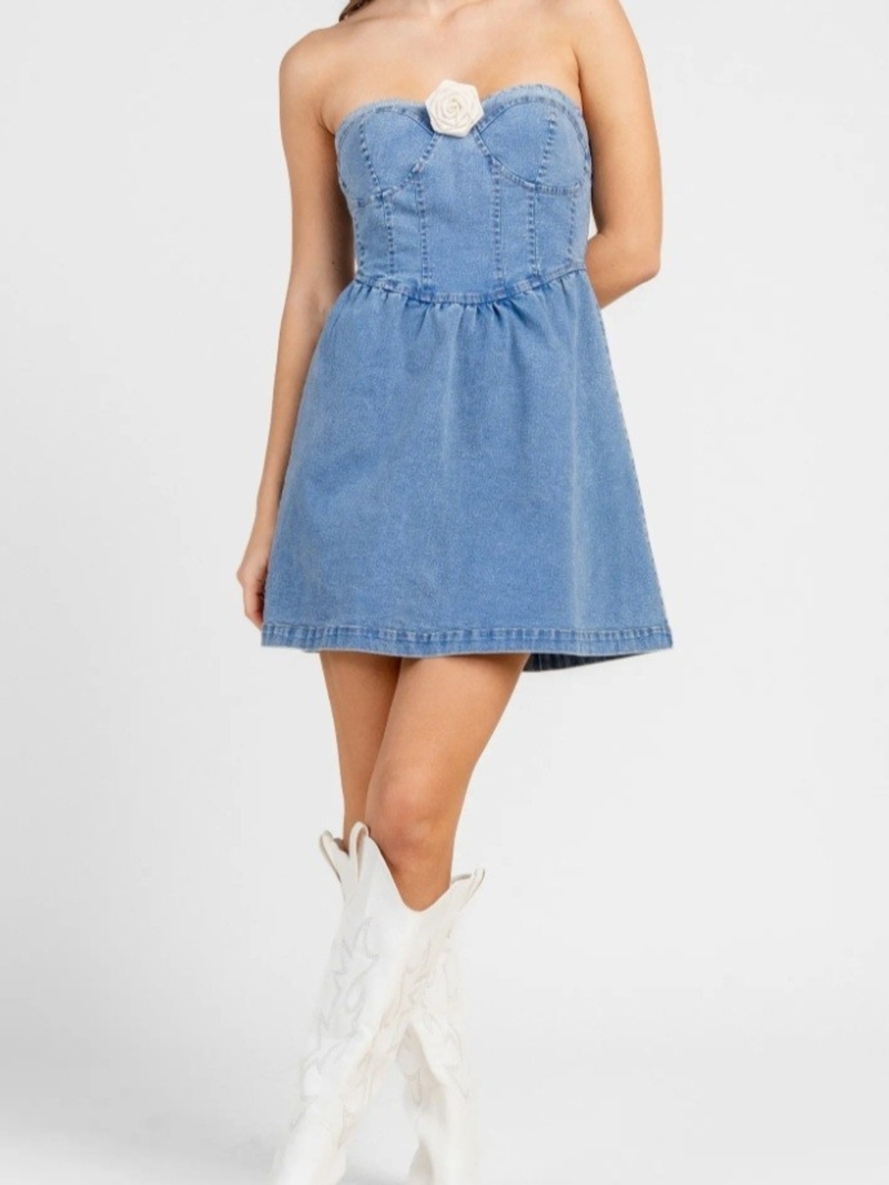 Strapless Denim Bustier Dress with Cream Rose Accent